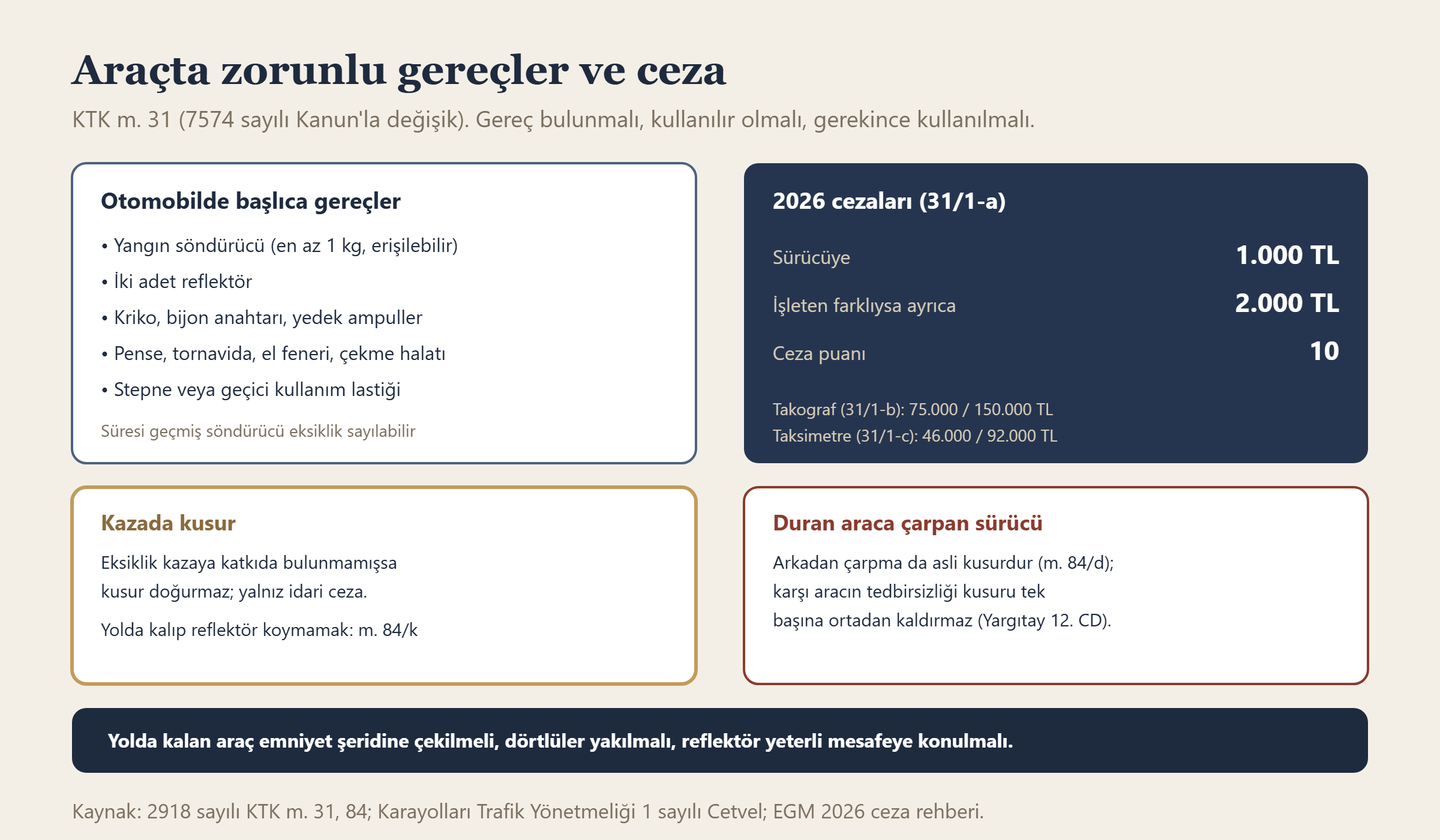 Araçta bulundurulması zorunlu gereçler, 2026 cezaları ve gereç eksikliğinin kazada kusura etkisi