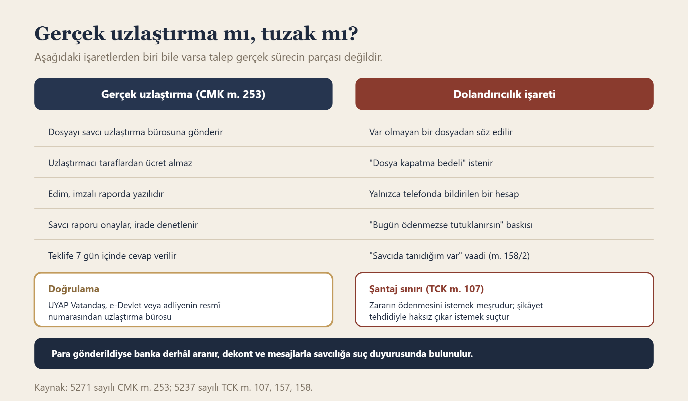 Gerçek uzlaştırma süreci ile uzlaşma dolandırıcılığı işaretlerinin karşılaştırması, doğrulama yolu ve şantaj sınırı