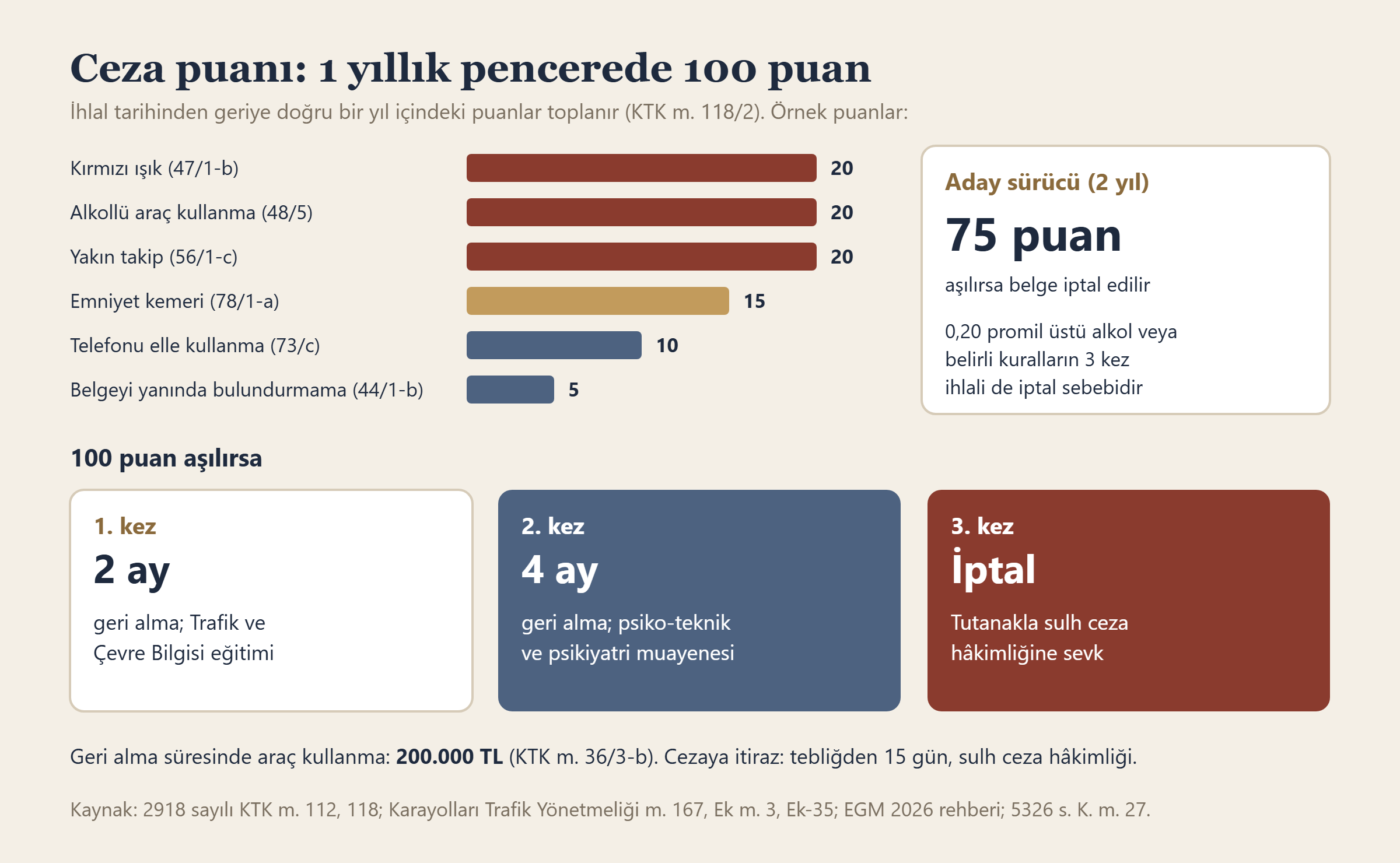 İhlallere göre ceza puanları, aday sürücü sınırı ve 100 puanın aşılmasının sonuçları